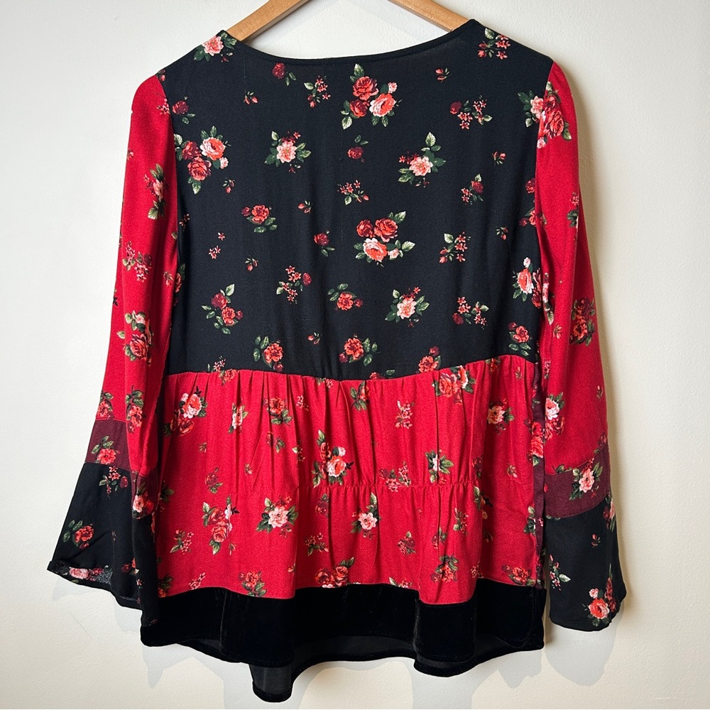 Style & Co. Floral Patchwork Red Black Peasant Whimsygoth Blouse w/ Velvet - Picture 3 of 11
